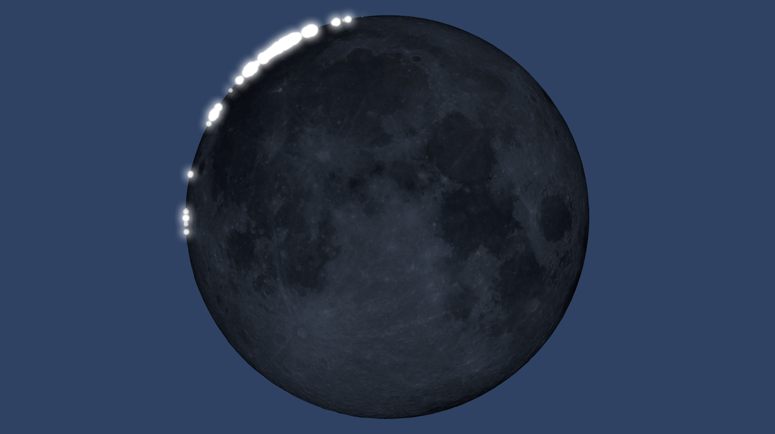 Simulación informática da NASA das contas de Baily creadas pola luz solar que pasa polos vales lunares