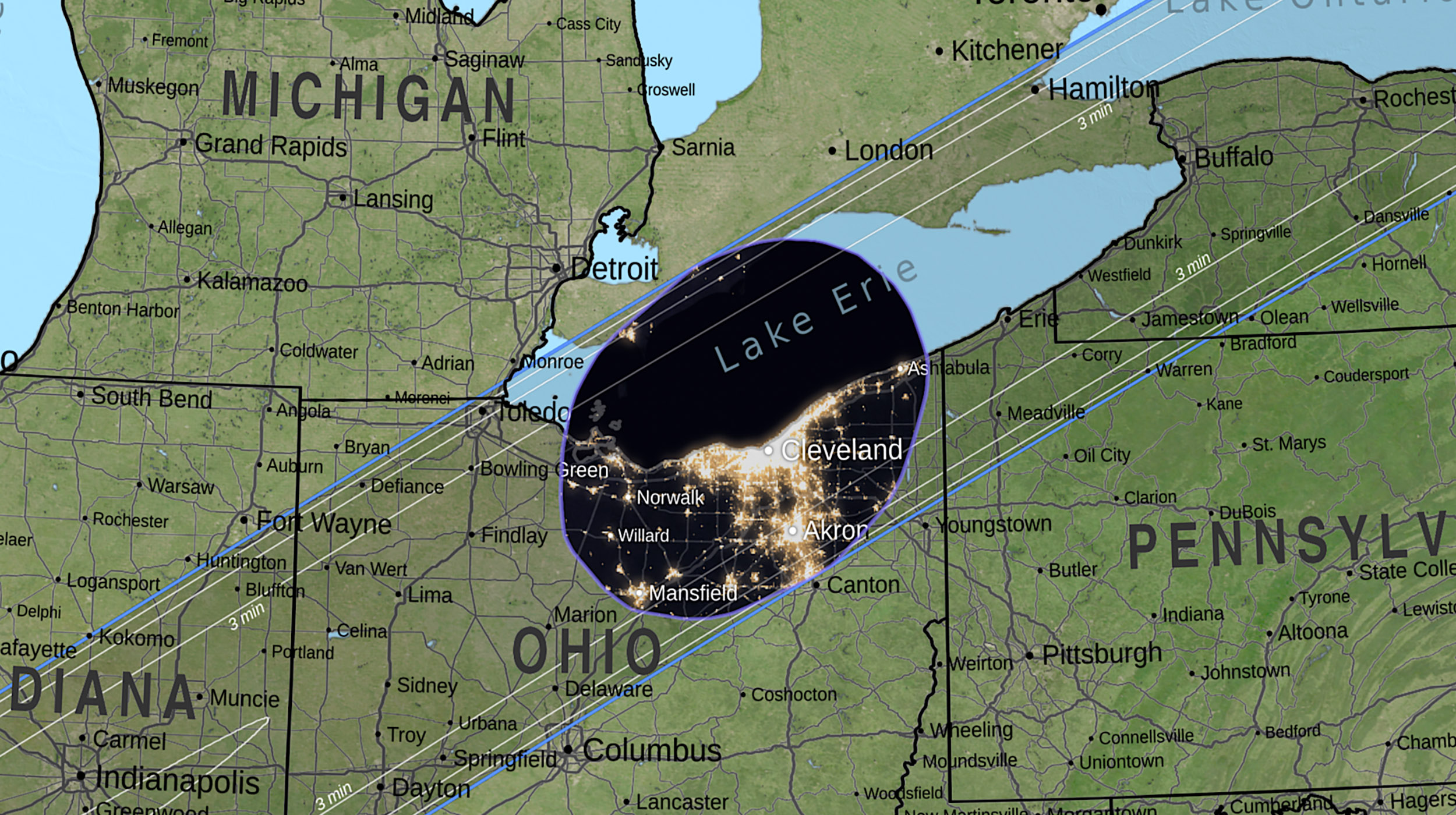 Mapa que mostra a sombra central da Lúa pasando sobre Cleveland durante a eclipse solar total de 2024