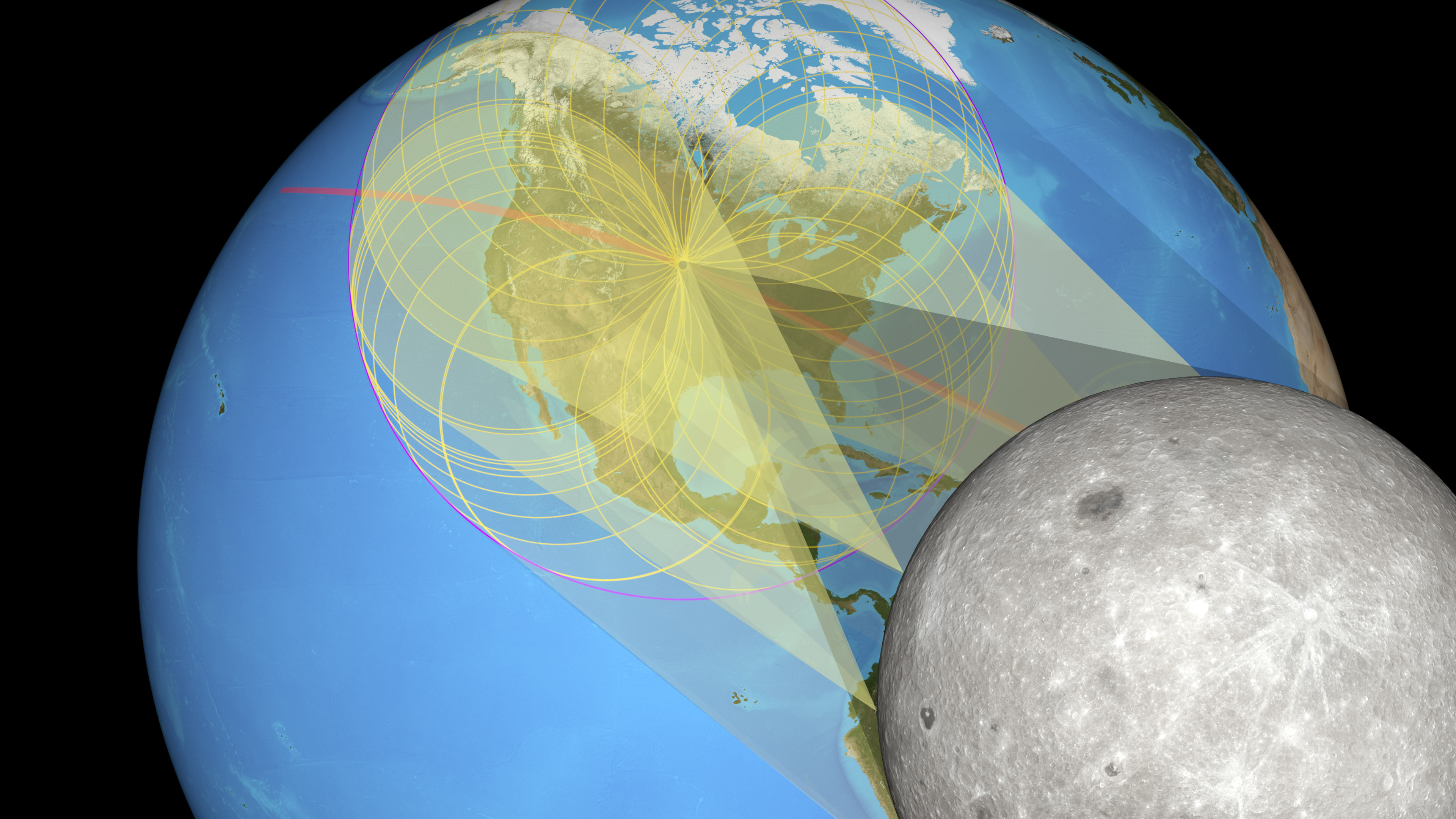 Visualización conceptual da NASA da luz solar proxectada a través dos vales lunares para formar a sombra da eclipse