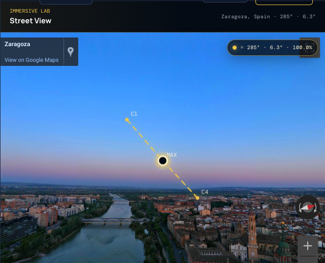 Zaragozako Google Street View panorama, eklipsearen ibilbidea gainjarrita